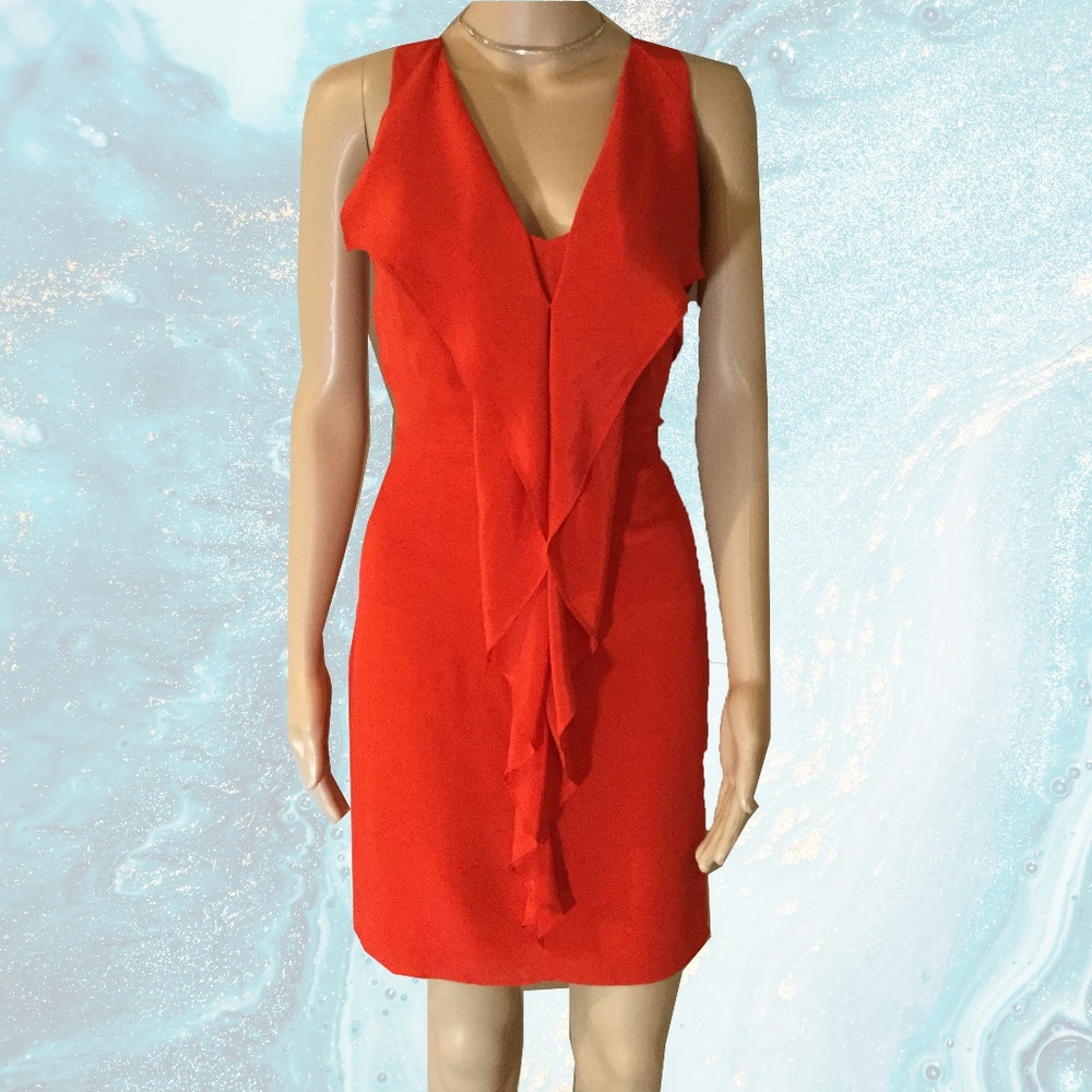 Greylin Red Orange Ruffle Front Silk Dress